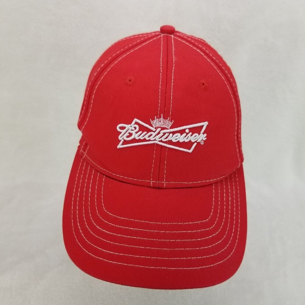 ✅Budweiser Bud Cap Red Embroidered Adj. Hook & Loop Baseball Hat Lot Of 2 OSFA - Picture 13 of 16